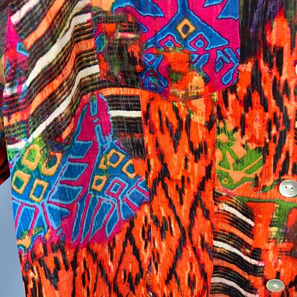 Chico's Silk Bright Abstract Mixed Printed Blouse Size 2 (L) Art to Wear  Artsy - Picture 2 of 7